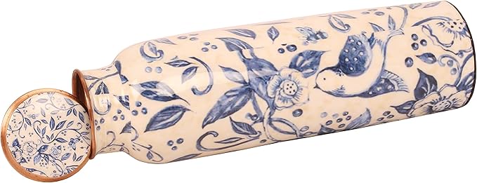 Pure Copper Water Bottle - Handcrafted - Ayurveda health benefits - Large 35 oz - Leak proof, Easy to carry for Sports, Fitness, Yoga, School- White Base Indigo Blue Floral Textured Enamel