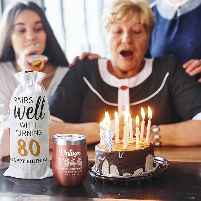 Lifecapido 80th Birthday Gifts for Women, Vintage 1944 Limited Edition Insulated Wine Tumbler with Wine Bag, Birthday Gifts for 80 Year Olds Woman, 80 Year Old Birthday Gifts for Mom Grandma, 12 oz