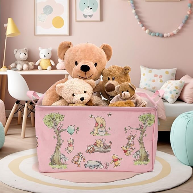 Winnie Storage Nursery Basket, Large Square Canvas Laundry Hamper With A Waterproof PE Coating, Foldable,Bathroom and Bedroom Set, Clothes ,Toys Bin, baby Nursery Hamper Decor(Pink)