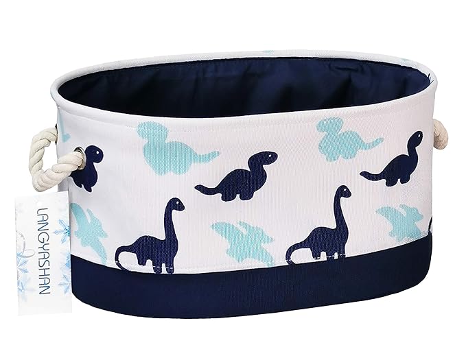 LANGYASHAN Oval Storage Basket Collapse Canvas Fabric Cartoon Storage Bin with Handles for Organizing Home Kitchen Boys and Girls Toy Office Closet Shelf Baskets (Dinosaur)