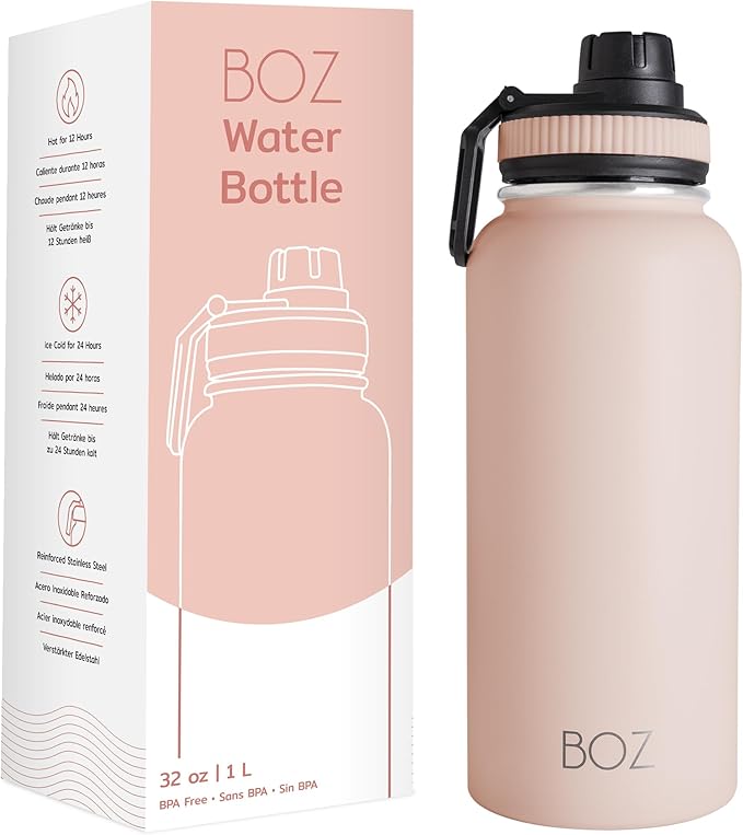 BOZ Stainless Steel Water Bottle - Vaccum Insulated Water Bottle 32 Oz - Wide Mouth BPA Free Sport Water Bottle for Gym with Spout Lid - Thermal Hot & Cold 1 Litre Pink Water Bottle