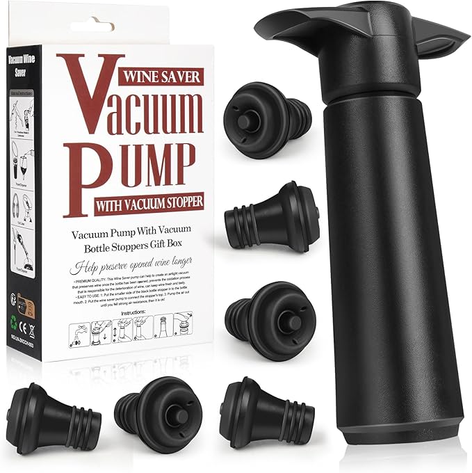 Wine Saver Pump with 6 Vacuum Stoppers,Wine Stopper, Wine Preserver, Wine Pump and Wine Vacuum Stopper are Black,Reusable Bottle Sealer Keeps Wine Fresh, Ideal Wine Accessories Gift