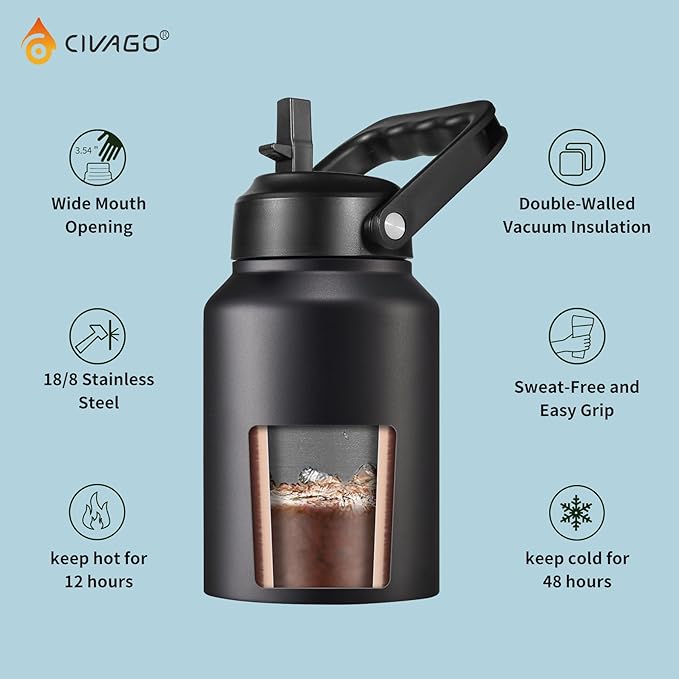 CIVAGO Half Gallon Insulated Water Bottle Jug with Straw, 64 oz Large Stainless Steel Sports Metal Water Flask with Handle, Big Thermal Water Cup Mug with 2 Lids for Camping & Fishing, Army Green