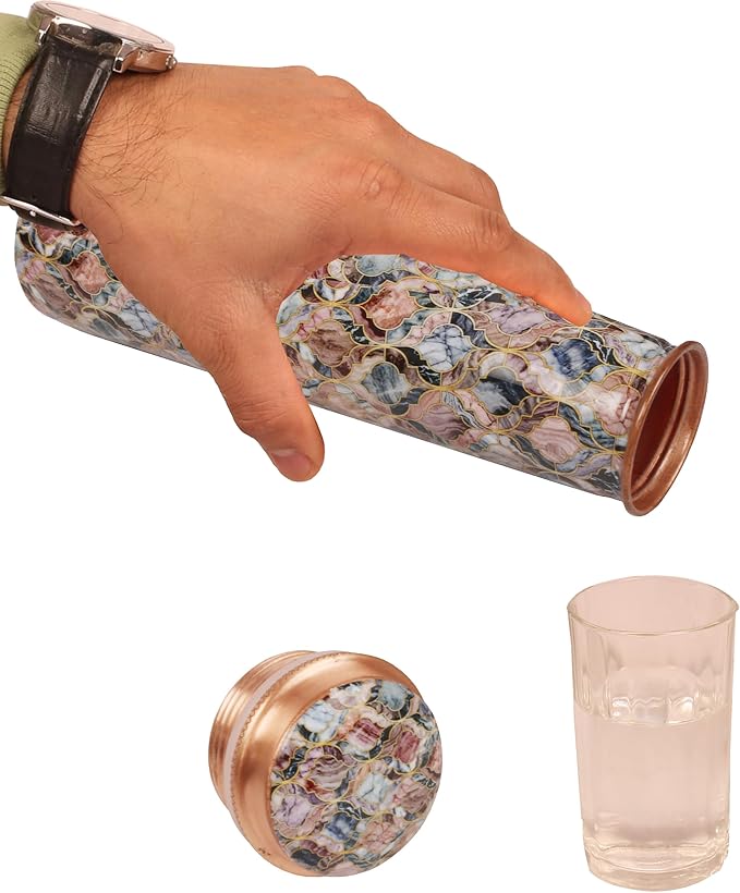 Pure Copper Water Bottle - Handcrafted - Ayurveda Health Benefits -Mosaic Colorful Printed Tower Shape 35 OZ - Leak proof - Easy to carry For Sports, Fitness, Yoga, School - Vintage Enamel.