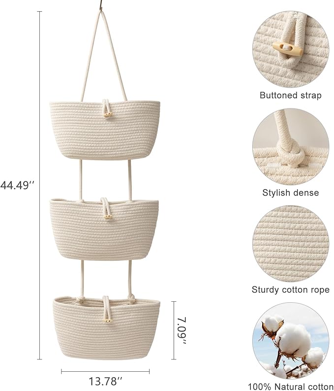 TeoKJ Over the Door Hanging Baskets with Button Strap, 3-Tier Woven Cotton Storage Organizer Bag, Wall-Mounted with Hook Decorative Hanging Kitchen Baskets - White