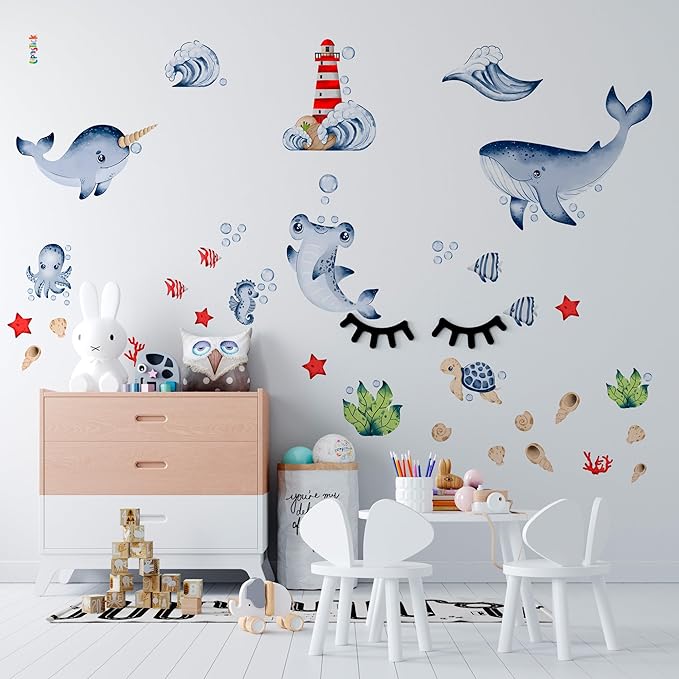 Ocean Wall Decals for Kids by Lipastick - Sea Kids Wall Stickers - Creative Nursery Wall Decal for Children β Nautical Vinyl Wall Decal Whale Shark Octopus Turtle Lighthouse S Size