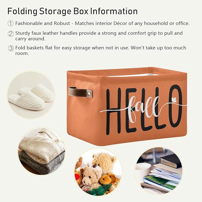 Hello Fall Orange Storage Basket Fabric Kitchen Baskets Autumn Pumpkin Open Home Storage Bins Boxes Foldable Organizer Bag for Baby Cloth Pet Toy Book Shelf Closet Baskets 16×12×8 Inches