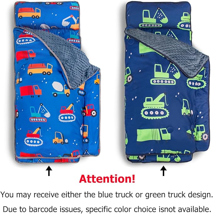 Nap Mat- Toddler Nap Mat with Pillow & Fleece Blanket- 55''*23''*2'' Nap Mat for Toddlers- Nap Mats for Preschool, Daycare(Rubber Band Style Blue Excavator)