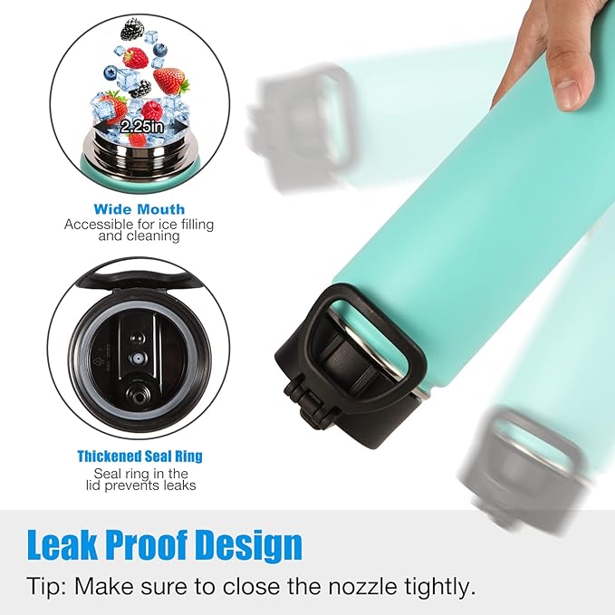 Volhoply 24oz Insulated Water Bottle With Straw Bulk 3 Pack,Metal Wide Mouth Water Bottles With Handle Lid Keep Cold,Reusable Double Wall Thermos,Powder Coated Sport Bottle For Holder(Mint,3 Count)