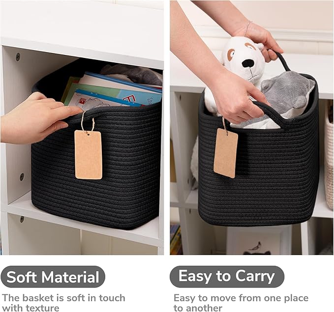 Goodpick Black Basket, Woven Baskets for Storage, Toy Baskets Storage Kids, Towel Basket with Handles, Storage Baskets for Shelves, Living Room, Bathroom, 13 x 10 x 9 Inches