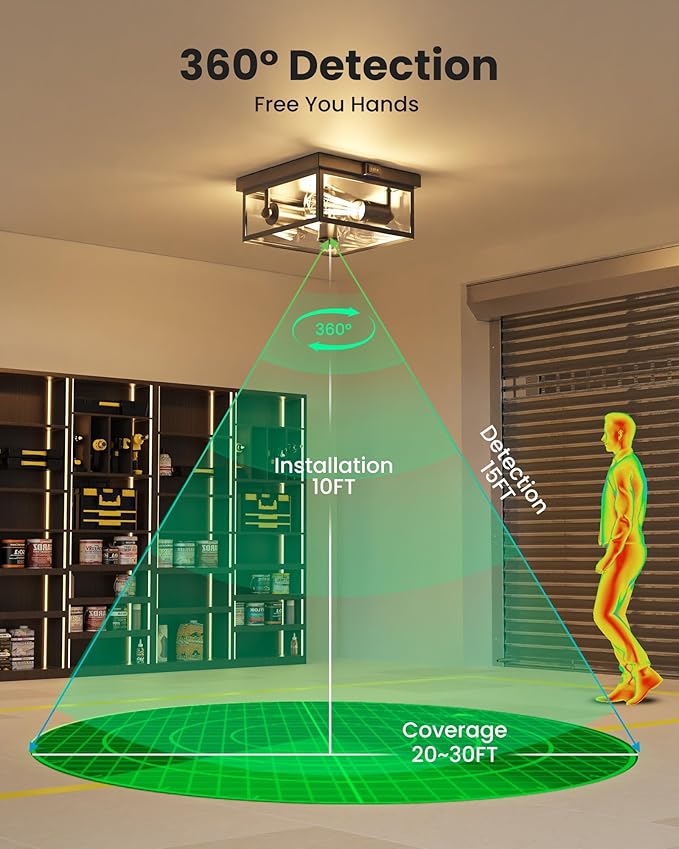 Outdoor Ceiling Light with Motion Sensor, Flush Mount Porch Ceiling Light, Exterior Ceiling Light Fixture with Clear Glass, Dusk to Dawn 2-Light Close to Ceiling Light Fixture for Patio,Porch,Garage