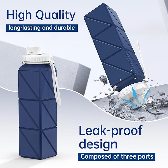 Collapsible Water Bottles, 2 Pack Leakproof BPA-Free Silicone Foldable Portable Water Bottle 610ml,Lightweight 21oz Reusable Wide Mouth Water bottle for Travel Cycling Gym Camping Sports