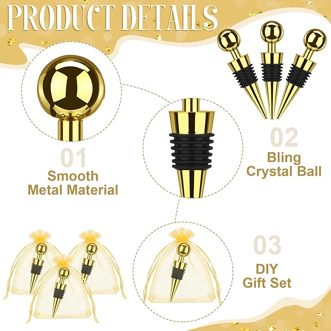 48 Pcs Gold Wine Stoppers Bulk Wine Saver Wedding Party Gifts Favors for Guests Stainless Steel Bottle Stopper Wine Corks Beverage Vacuum Silicone Stopper with Sheer Bags for Wedding Bar