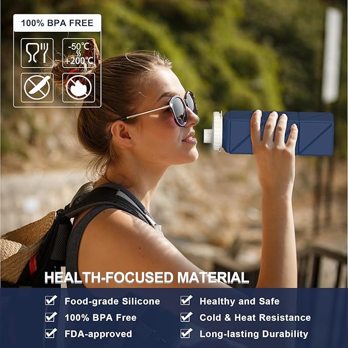 Collapsible Water Bottles, Silicone Foldable Portable Water Bottle 610ml, Lightweight Reusable Leakproof for Sports and Outdoor, 1 Pack (Dark Blue)