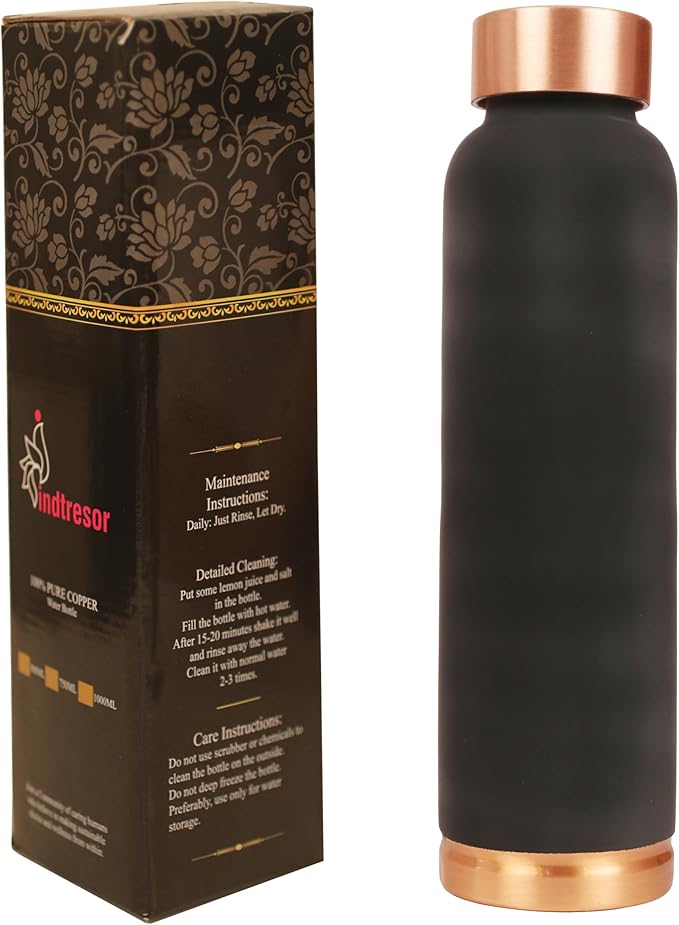 Pure Copper Water Bottle - Handcrafted - Ayurveda Health Benefits - 33 OZ - Leak proof - Easy to carry for Sports, Fitness, Yoga, School - Jet Black Matte Finish Vintage Enamel.