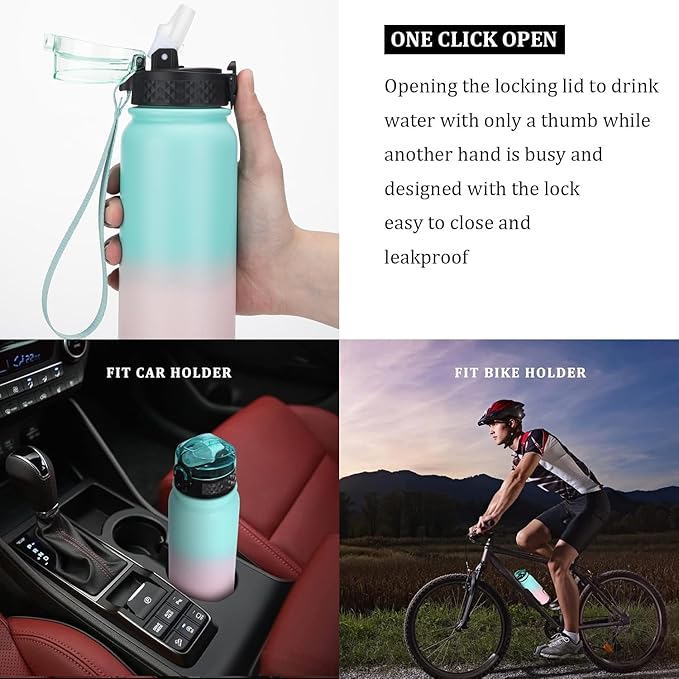 GOPPUS 20 oz Kids Water Bottle with Straw Wide Mouth Lid Leak Proof Double Walled Insulated Stainless Steel Water Bottles with Strap Handle for Boys Girls School (Green Pink 1 Lid)