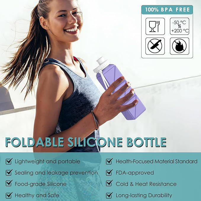 Collapsible Water Bottles,BPA-Free Leak-Proof Silicone Foldable Water Bottle Cup 20.6oz,Durable Lightweight Bottle for Gym Travel Camping Hiking Running (Light Purple)