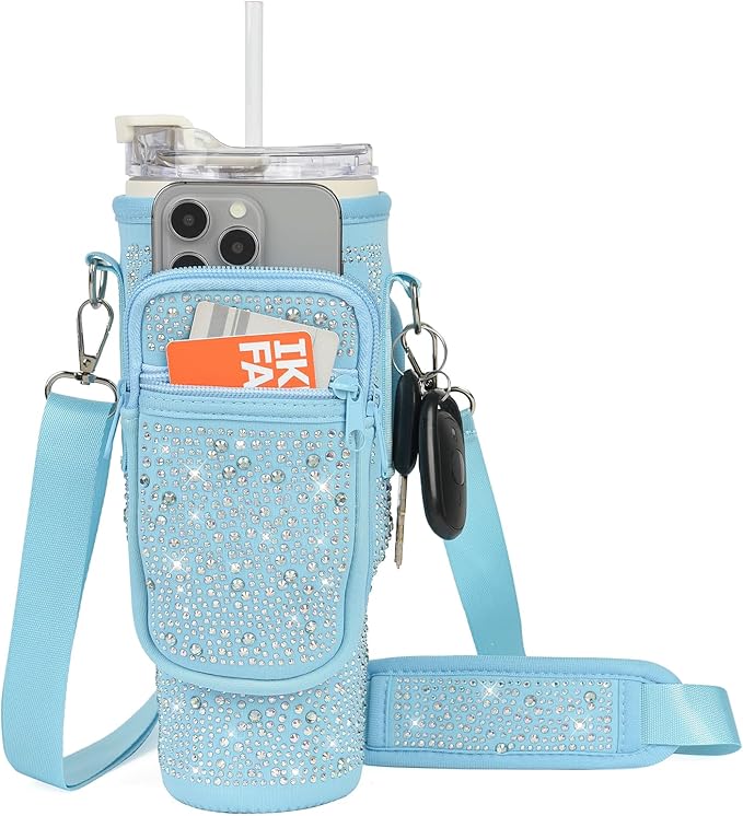 Bling Water Bottle Carrier Bag with Phone Pocket,Water Bottle Holder Bag for Stanley Cup Accessories,Cup Holder with Adjustable Shoulder Strap with Stanley 40 & 30 oz Tumbler,Blue