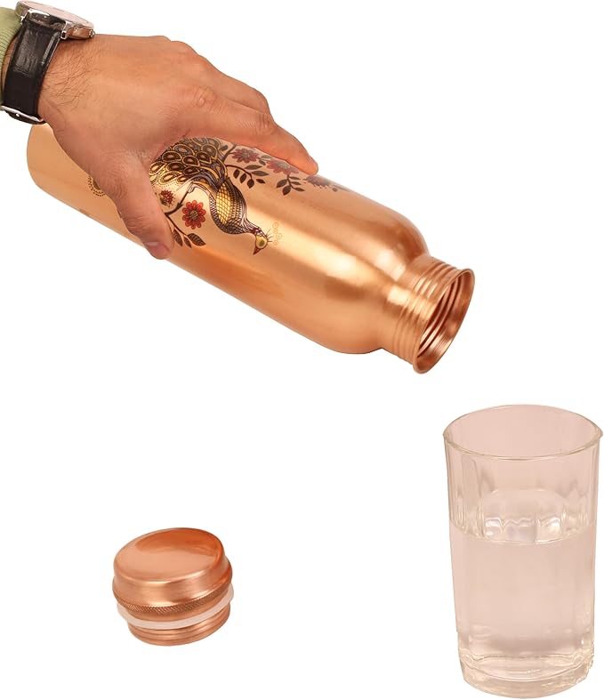 Pure Copper Water Bottle - Handcrafted - Ayurveda health benefits - Large 35 oz - Leak proof - Easy to carry for Sports, Fitness, Yoga, School - Natural Copper Finish Peacock Motif Enamel