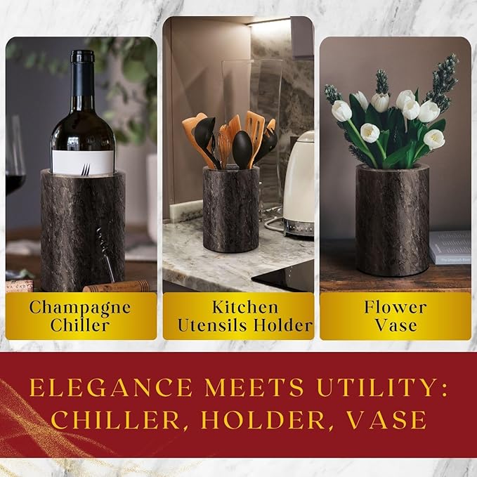 Flexzion Marble Wine Bottle Chiller Bucket - Champagne Cooler, 5x7-inch 750ml Black Marble Utensil Holder for Kitchen Counter & Stone Wine Chillers for Bottles