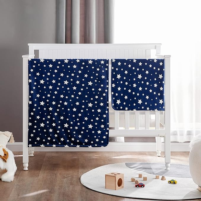 DaysU Silky Micro Soft Plush Baby Blankets Unisex with Print Star Pattern and Soothing Raised Dots, Double Layer Bed Throws for Baby Crib, Star, Navy, 30x40 Inches