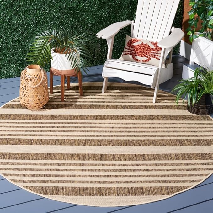 SAFAVIEH Courtyard Collection 7'10" Round Brown/Bone CY6062 Stripe Indoor/ Outdoor-Waterproof Easy-Cleaning Patio Backyard Mudroom Area-Rug