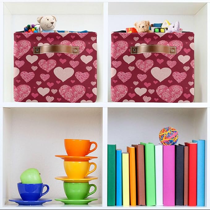 Happy Valentine's Day Storage Basket Fabric Kitchen Baskets Valentines Pink Purple Love Heart Open Home Storage Bins Boxes Foldable Organizer Bag Cloth Toy Book Shelf Closet Baskets 16×12×8 Inches