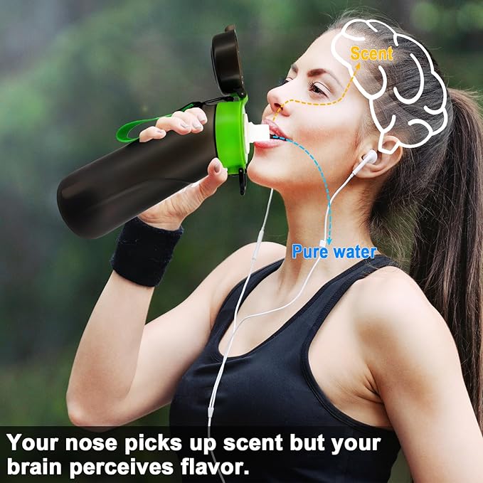 Air Water Bottle with 7 Flavor Pods, 750ML Large Capacity Drinking Bottle,Sports Water Cup with Straw Suitable for Gym and Outdoor Games(Black-Green+7Pods)