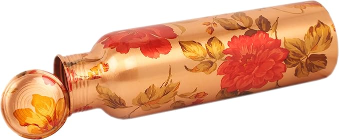 Pure Copper Water Bottle - Handcrafted - Ayurveda health benefits - Large 35 oz - Leak proof, Easy to carry for Sports, Fitness, Yoga, School - Natural Copper Finish Floral Colorful Enamel