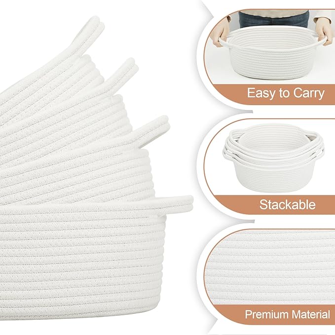 Small Woven Basket with Handles, 5 Pack Cotton Rope Room Shelf Storage Basket for Organizing Small Round Basket Baby Nursery Bins, White (Off White)