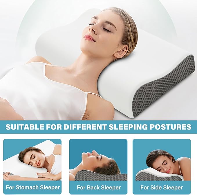 2 Pack Memory Foam Cooling Bed Pillows for Sleeping, Ergonomic Cervical Pillow for Neck and Shoulder Pain Relief, Adjustable Cold Pillow Set of 2,with Pillowcase (Grey)