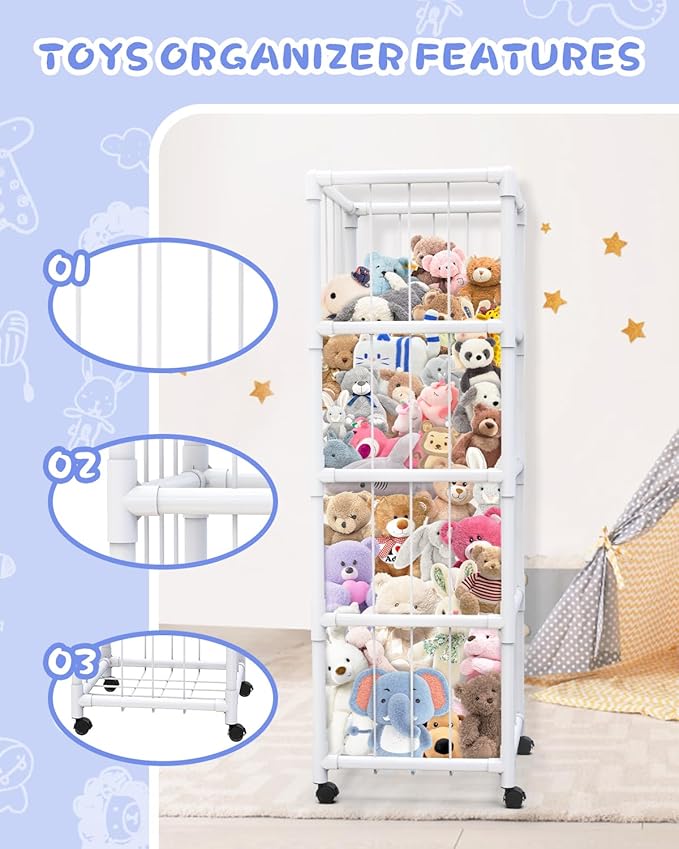71" Extra Large Stuffed Animal Storage, Stuffed Animal Zoo Storage Cage, Premium PVC with Wheels Toy Storage Holder, Plush Toys Corner Organizer for Kids Playroom, Bedroom, Nursery