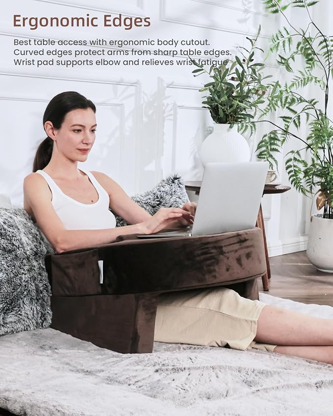 Weighted Idea Reading Pillow for Gaming, Extra Large Arm Rest Pillow for Adult,Lap Desk Pillow Gaming Pillow with 2 Side Pockets for Gaming, Reading, Working Sitting in Bed Floor Sofa (Brown)