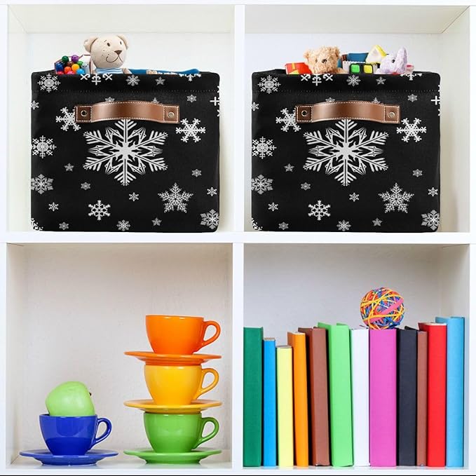 Winter Snowflake Black Storage Basket Fabric Kitchen Baskets Christmas Holiday Open Home Storage Bins Boxes Foldable Organizer Bag for Baby Cloth Xmas Baskets 16×12×8 Inches