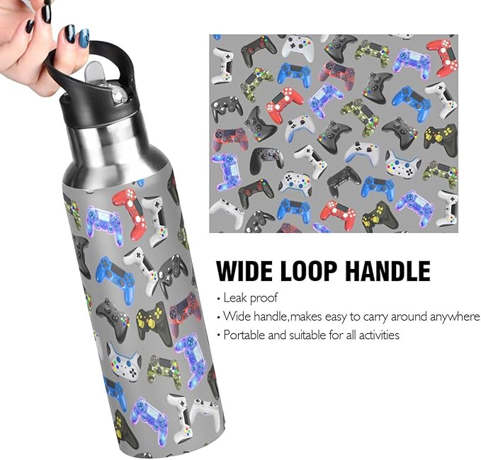 Gamer Gaming Weapon Gamepad Stainless Steel Water Bottle with Straw Lid - 20 Oz Sports Insulated Water Bottle Thermos for Sport Gym Outdoor Travel School (DZ003)