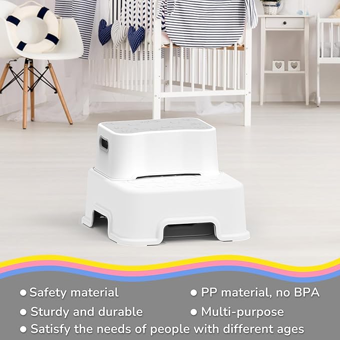 Step Stool for Kids, Anti-Slip Sturdy Toddler Two Step Stool for Bathroom, Kitchen and Toilet Potty Training (White)