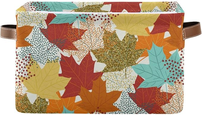 Fall Maple Leaves Storage Basket Fabric Storage Bin Laundry Baskets Autumn Pumpkin Foldable Storage Boxes Organizer Bag for Baby Cloth Dog Toy Book Storage Cubes Shelf Closet Basket 16×12×8 Inches
