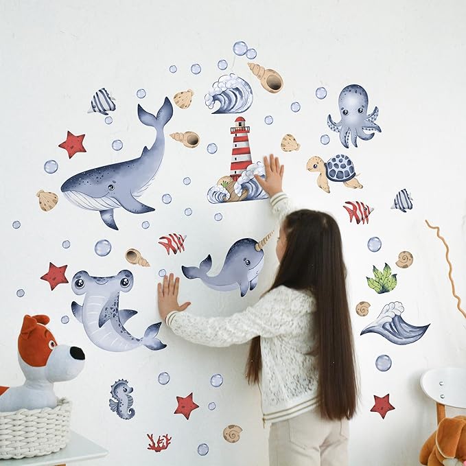 Ocean Wall Decals for Kids by Lipastick - Sea Kids Wall Stickers - Creative Nursery Wall Decal for Children β Nautical Vinyl Wall Decal Whale Shark Octopus Turtle Lighthouse S Size