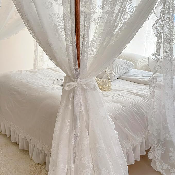 Mengersi Canopy Bed Curtains with Tie Backs,Bed Canopy Curtains Bed Drapes Sheer Curtains for Bedroom Decor(Twin,White