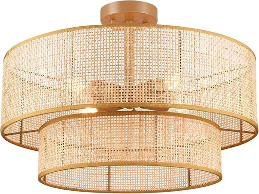 Hamilyeah 20 inch Ceiling Light Fixture Flush Mount Double Layer, Boho Light Fixture Ceiling Mount Wicker Shade, Bamboo Woven Rattan Light Fixture Ceiling for Living Room, Bedroom, Dining Room