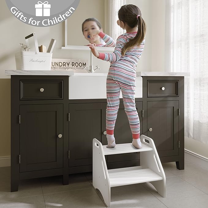 AMBIRD Wooden Two Step Stools Toddler with Safety Non-Slip Pads and Handles, Bamboo Step Stool for Bathroom, Bedroom, Kitchen Dual Height Step Stools for Kids (White)