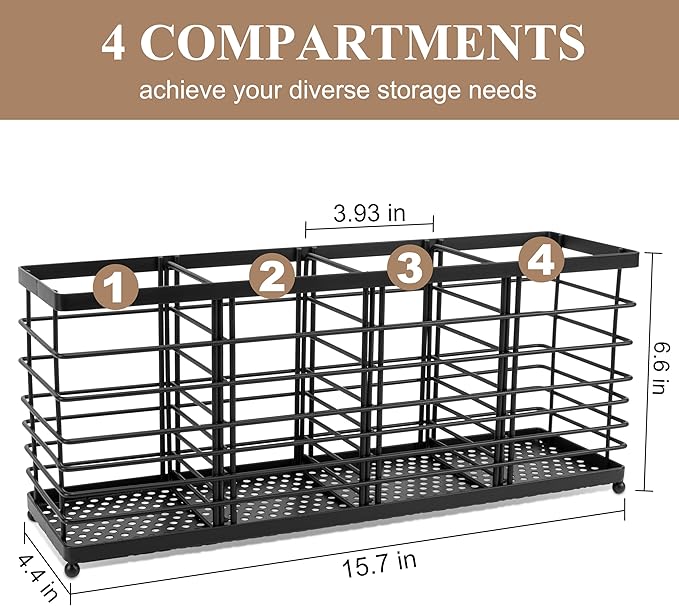 RedCall 4 Compartments Utensil Holder,Extra Large Cooking Utensil Organizer for Countertop,Black Metal Spoon Spatula Holder,Kitchen Tools Storage Holder,Kitchen Decor (4 Compartment)