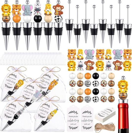 Gisafai 180 Pcs Beadable Wine Stoppers Bulk Include Beadable Bottle Stoppers Silicone Reusable Wine Saver Corks with Bags Labels Ropes for Baby Shower Gifts DIY Safari Jungle Animal Party Bar