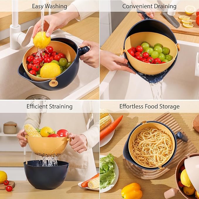 Chef's Path 2 in 1 Kitchen Strainer and Colander for Kitchen, Multifunctional Food Strainer Set, BPA Free Plastic Colander with Handle, Pasta Drainer, Veggie and Fruit Cleaner -Multicolor
