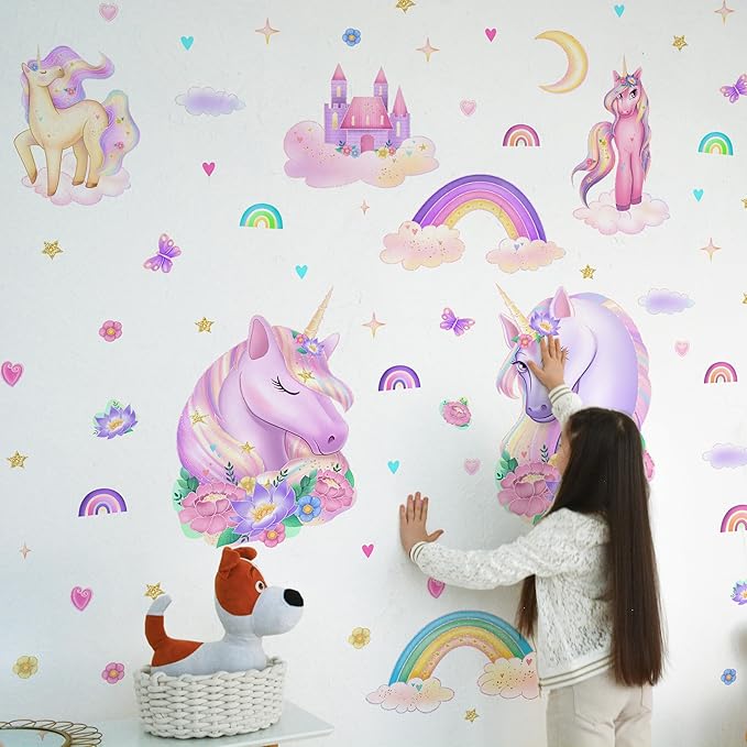 Unicorn Wall Decals Pack of 5 Sheets Stickers by Lipastick - Rainbow Wall Stickers – Princess Castle with Hearts Clouds Stars Wall Decals Decor for Girls Kids Bedroom Birthday Party Size S