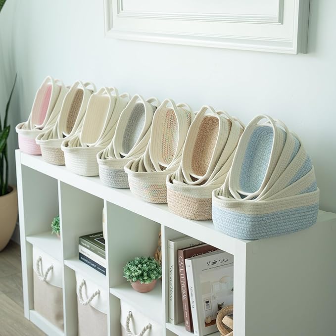 OrganiHaus Set of 5 Rectangle Bathroom Storage Baskets for Organizing, Small Woven Baskets for Storage Basket for Bathroom, Nursery Storage Basket for Baby Nursery Organization, Cute Bins, Blue/White