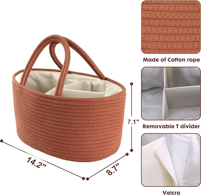 Baby Diaper Caddy Organizer for Girl Boy Cotton Rope Nursery Storage Bin Basket Portable Holder Tote Bag for Changing Table Car Travel Baby Shower Gifts Newborn Essentials Registry Must Have Rust