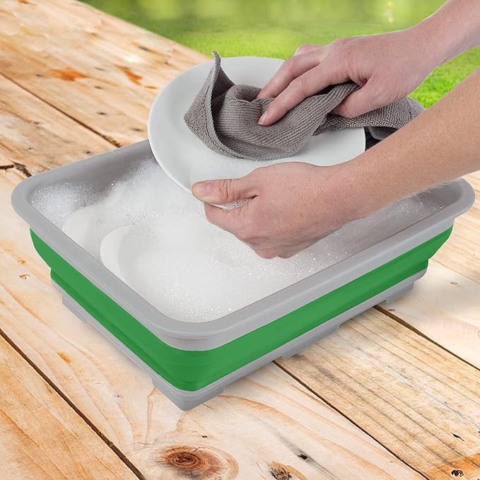 Set of 2 Multipurpose Wash Bins – 10-Liter Basins for Camping, Parties, or Cleaning – Collapsible Bucket Set by Wakeman (Green)