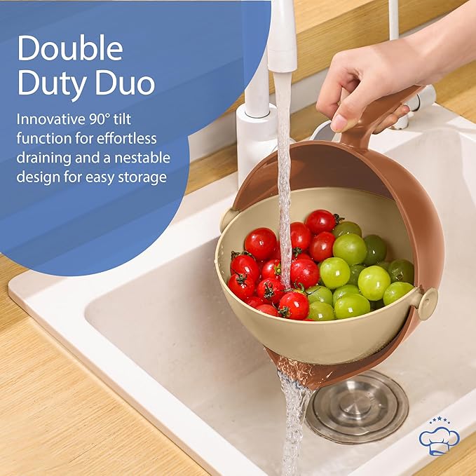 Chef's Path 2 in 1 Kitchen Strainer and Colander for Kitchen, Multifunctional Food Strainer Set, BPA Free Plastic Colander with Handle, Pasta Drainer, Veggie and Fruit Cleaner - Peach