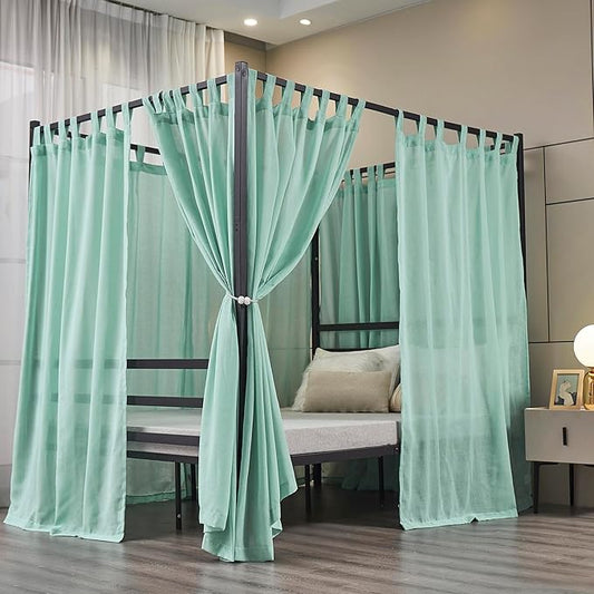 Mengersi Linen Canopy Bed Curtains for Twin,Full,Queen and King Size Bed,Bed Canopy Natural Blended Curtain Panels, 8 Panels Set (All Bed Sizes, Sea Mist)